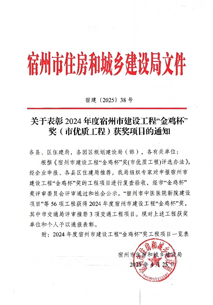 公司監理項目斬獲宿州市“金雞杯”獎，劉斌同志榮獲“優秀總監理工程師”榮譽